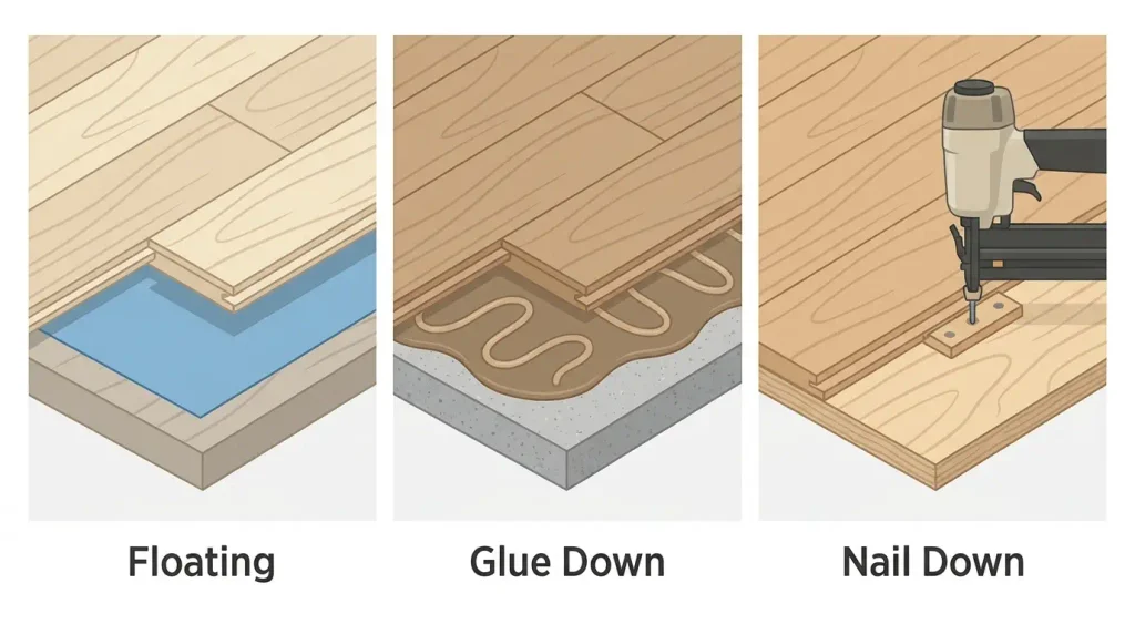 Illustration comparing floating, glue-down, and nail-down engineered hardwood installation methods