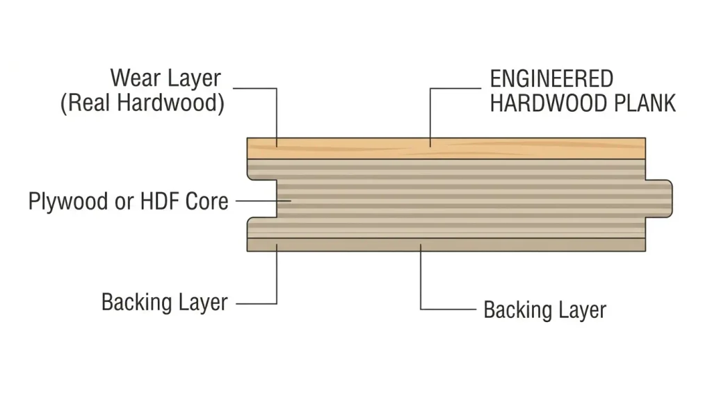 Cross section diagram showing the wear layer and plywood core of engineered hardwood flooring