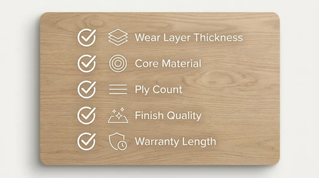 Checklist infographic for evaluating engineered hardwood flooring quality before buying