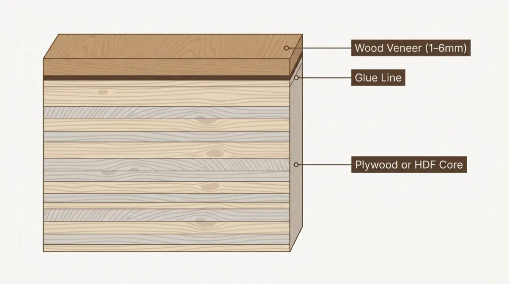 Cross section diagram showing engineered hardwood veneer, glue line, and plywood core layers
