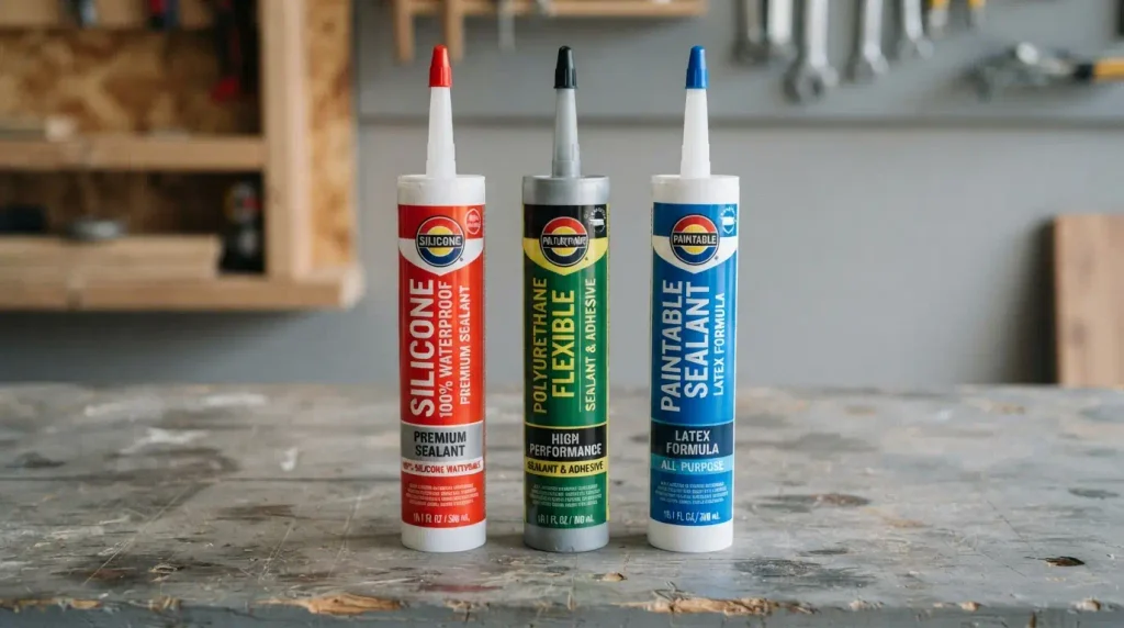 Three caulk tube types with labels showing silicone, polyurethane, and paintable sealant
