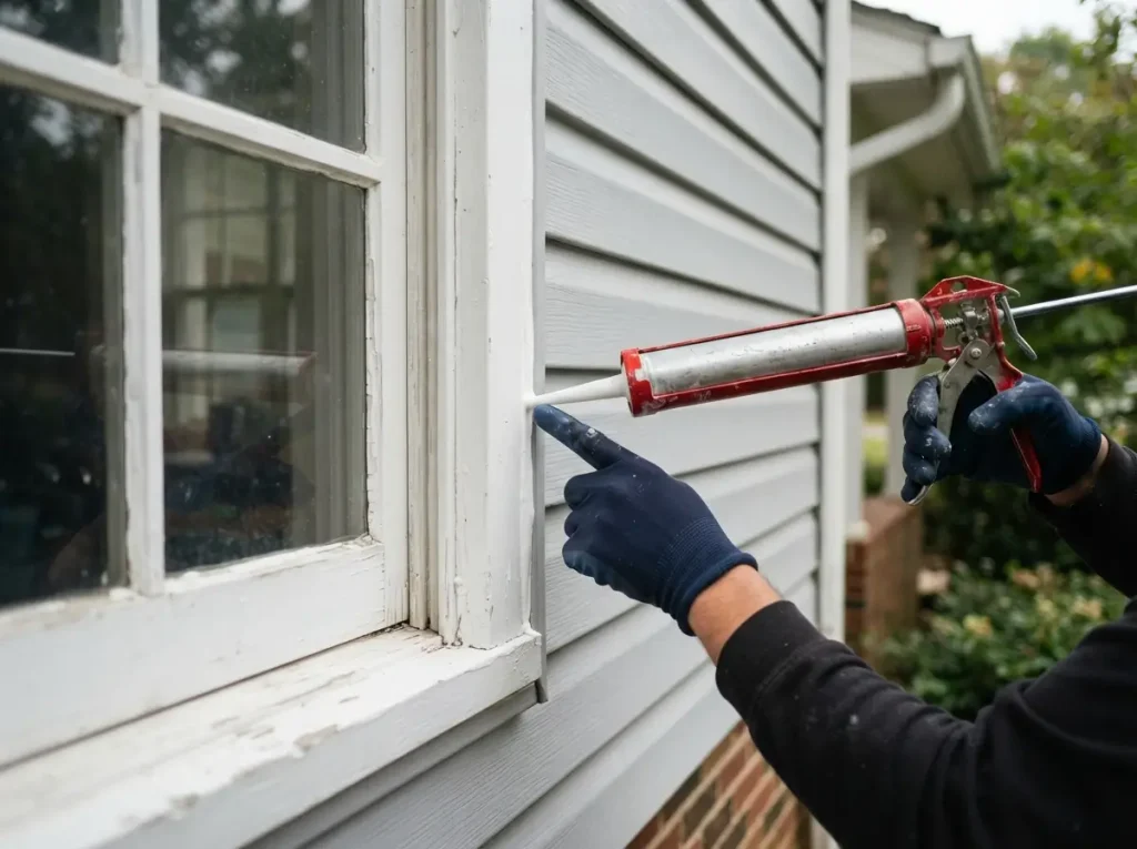 Caulk being applied around an exterior window frame for weatherproofing before rain