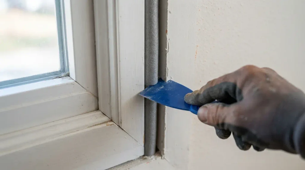Pressing foam backer rod into a wide gap before caulking
