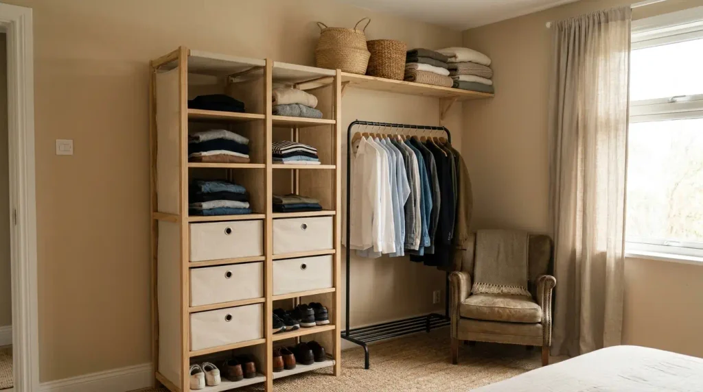 A freestanding wardrobe and open clothing rack in a small bedroom corner
