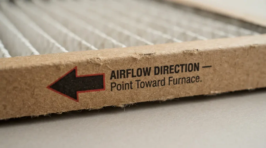 Close-up of the airflow direction arrow on a furnace filter frame