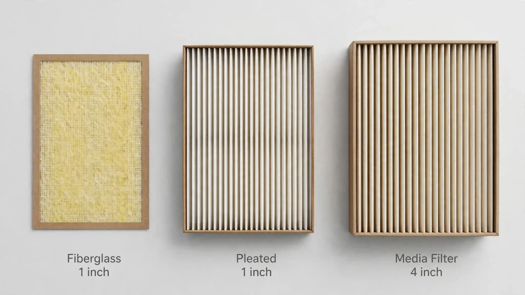 Fiberglass, pleated, and 4-inch media furnace filters compared by thickness