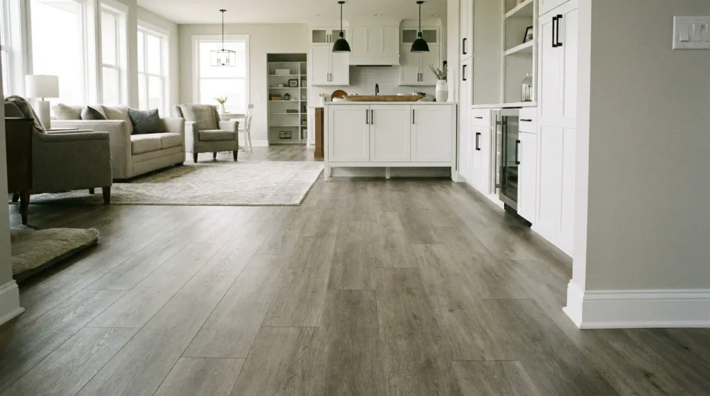 Gray and greige vinyl plank flooring colors in a modern space
