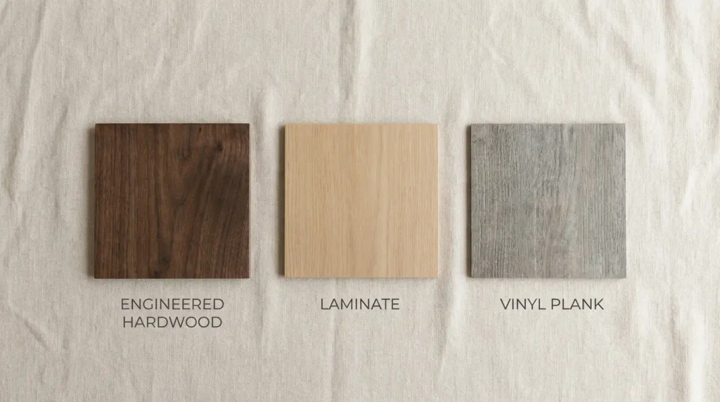Side by side texture comparison of engineered hardwood, laminate, and vinyl plank flooring samples