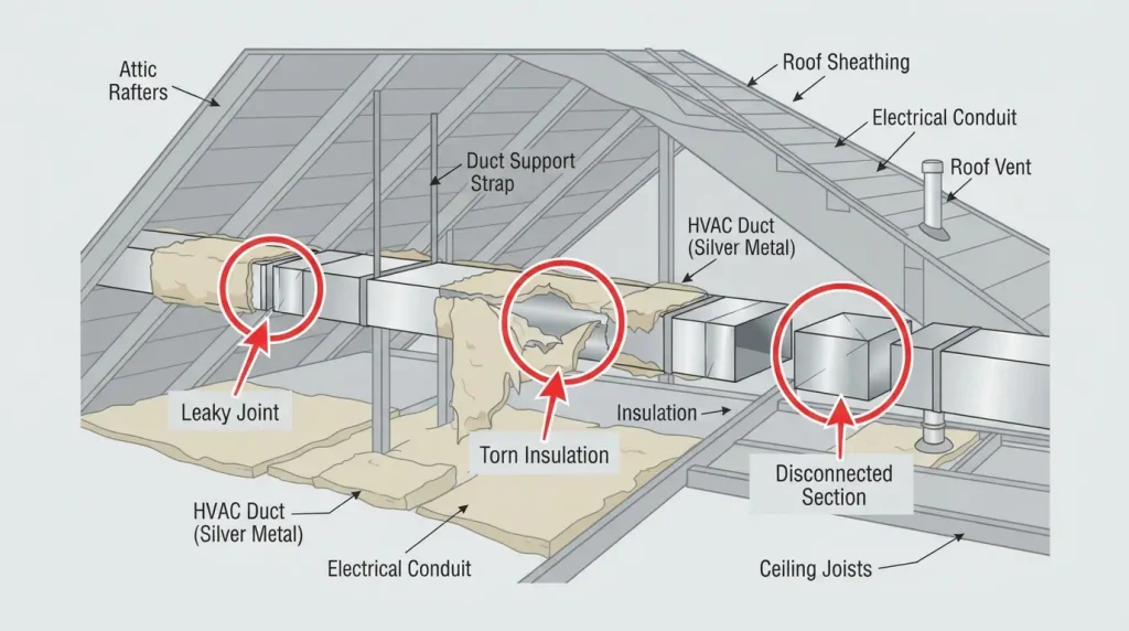 Diagram of home ductwork showing leak points and insulation gaps in attic