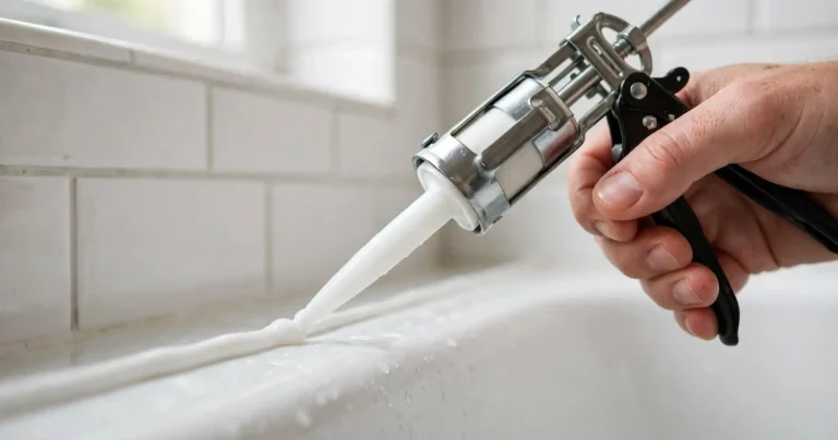 How long does caulk take to dry, bead being applied along bathroom tub joint