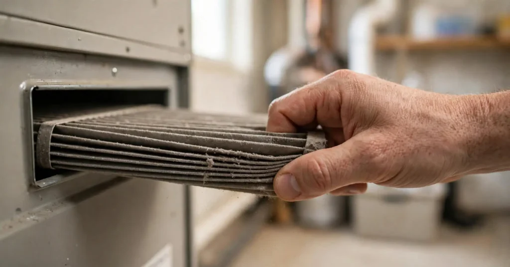 Hand removing a dirty furnace filter from an HVAC unit