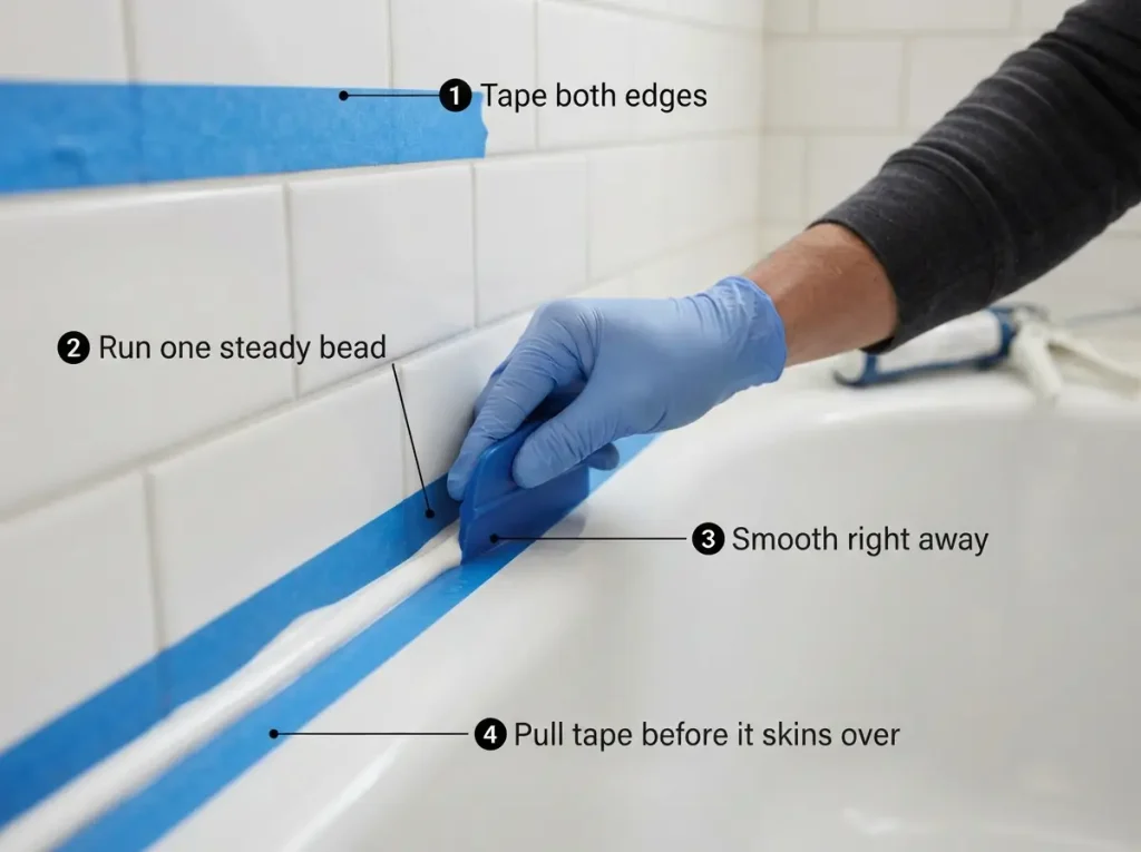 Gloved hand smoothing a fresh caulk bead along a taped tub edge with painter's tape on both sides
