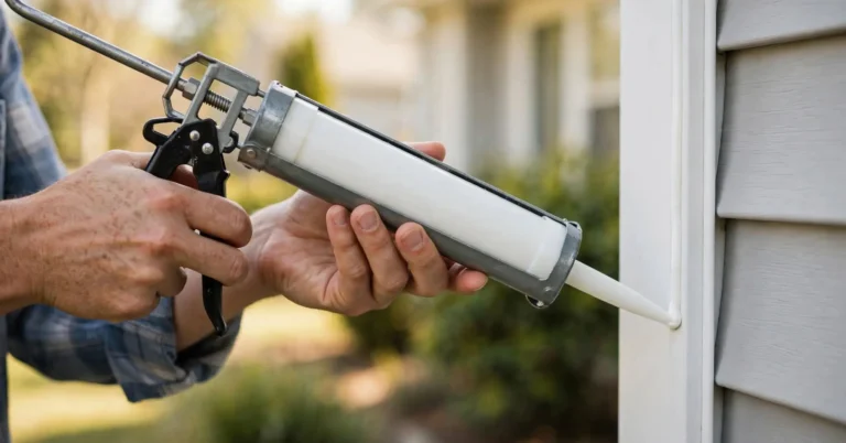 Hands running a smooth silicone caulk bead along a window frame