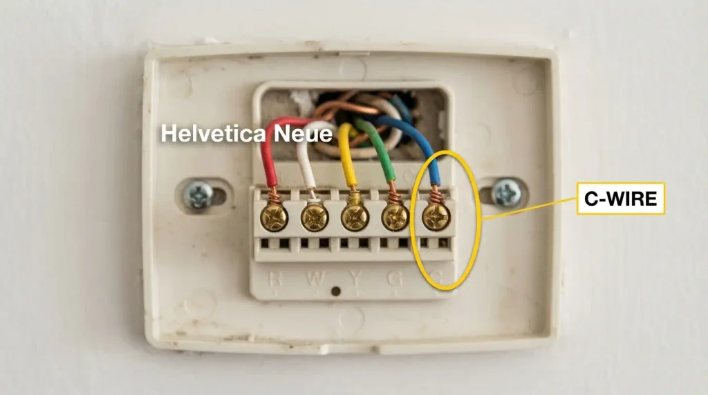 Thermostat wiring terminals with C-wire terminal labeled