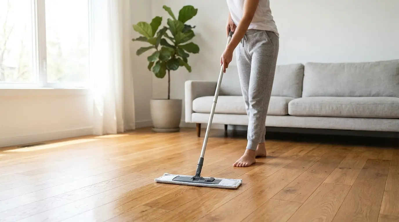 Woman damp mopping engineered hardwood floor with microfiber mop in bright living room