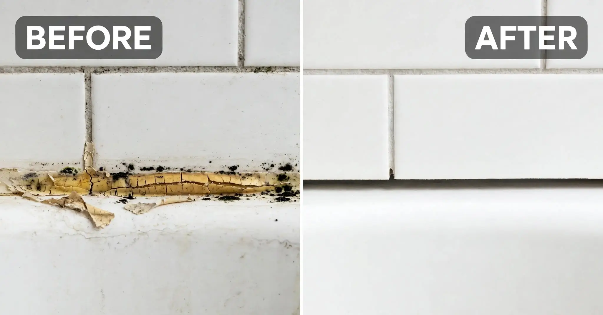 before and after removing old caulk from a bathtub joint
