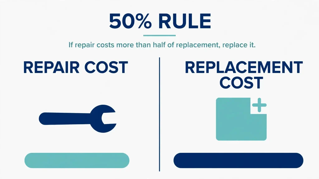 Infographic showing the 50 percent rule for HVAC repair versus replacement