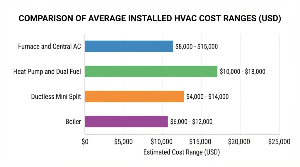Bar chart comparing installation costs of furnace AC heat pump and ductless systems
