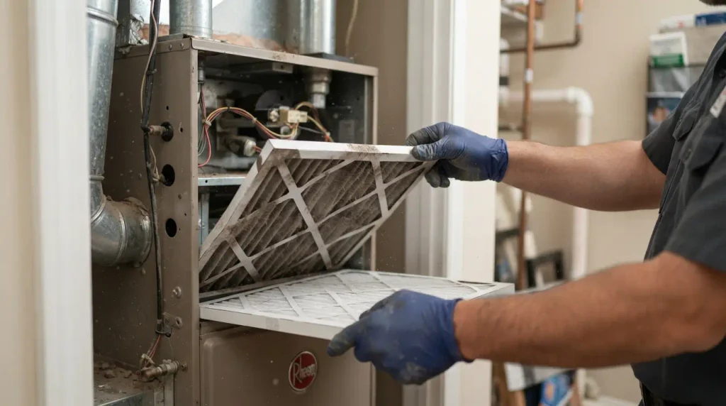 Technician replacing air filter during HVAC maintenance tune up
