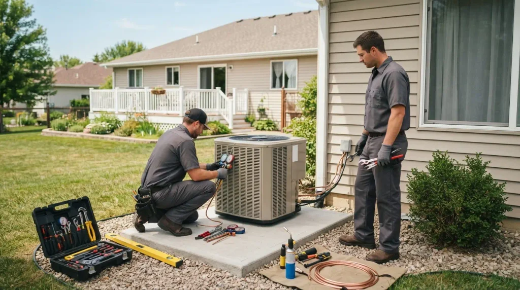 Technicians installing a new outdoor unit during HVAC replacement
