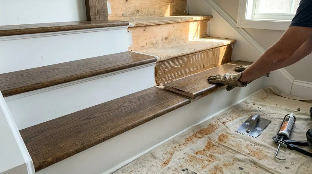 Installer gluing down engineered hardwood treads on a staircase, bottom steps finished

