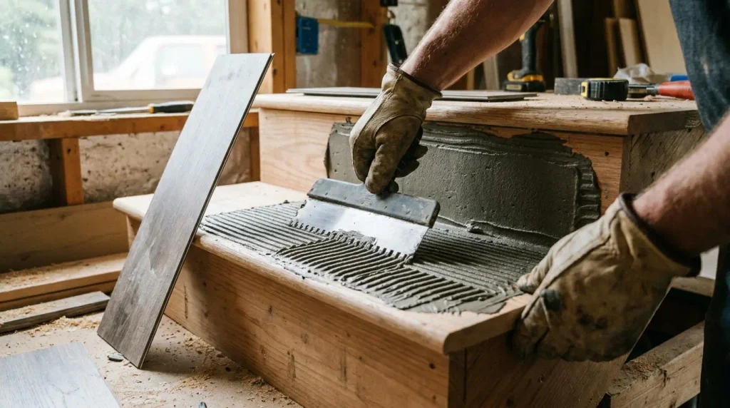 Applying adhesive to install vinyl plank on a stair riser

