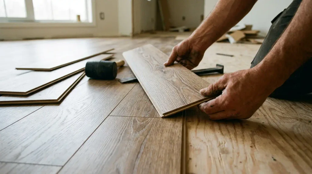 Hands installing waterproof laminate flooring planks using a click lock system
