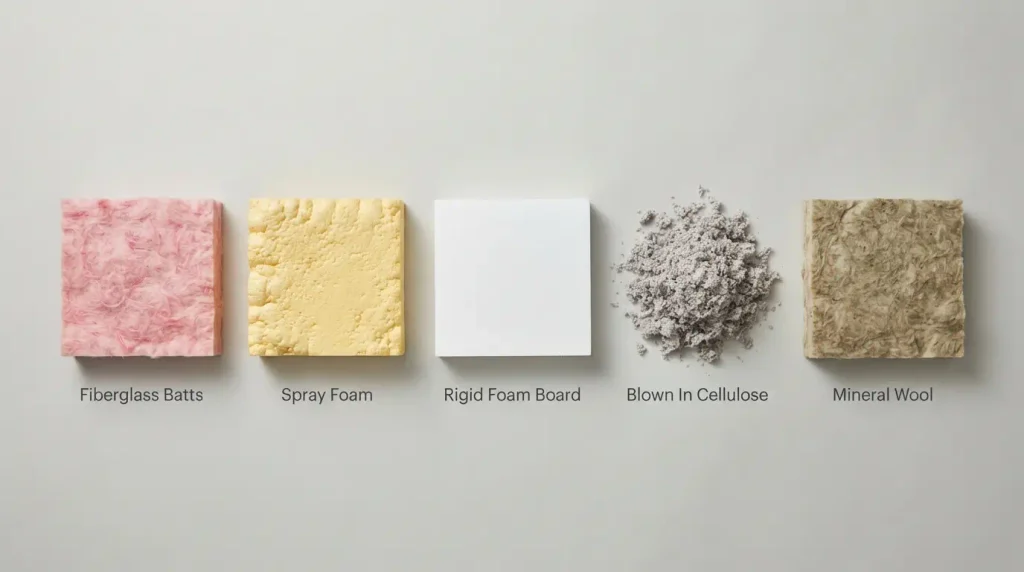 Comparison of insulation materials including fiberglass, spray foam, and foam board