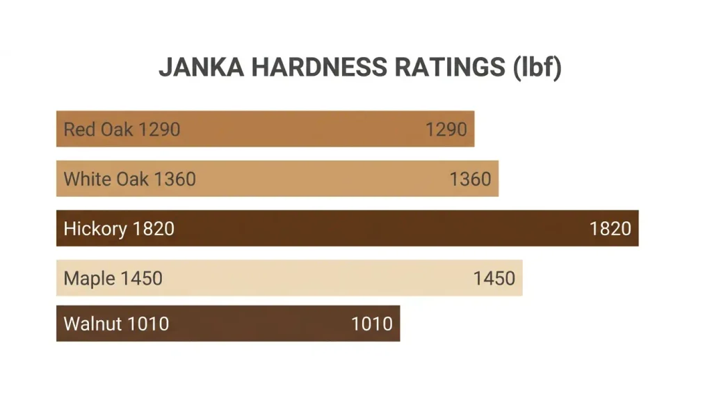 Janka hardness scale comparison chart for red oak, white oak, hickory, maple, and walnut flooring