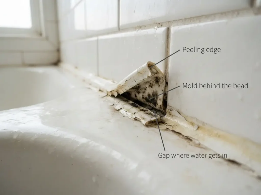 Old latex caulk peeling and darkened with mold along the edge of a bathtub