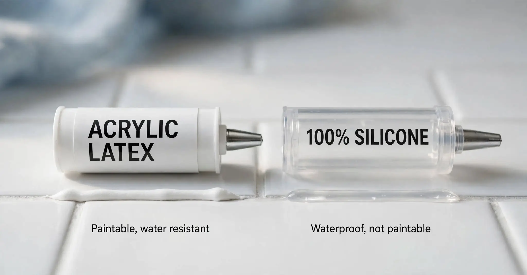 Latex caulk tube and silicone caulk tube side by side with a fresh bead of each on white tile