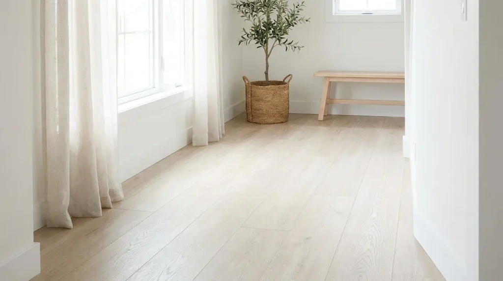 Light and white washed vinyl plank flooring in a bright room
