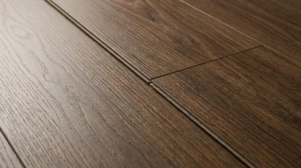 Luxury vinyl plank flooring close-up showing premium wood grain finish