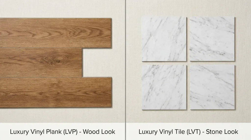 Comparison of luxury vinyl plank and luxury vinyl tile shapes side by side
