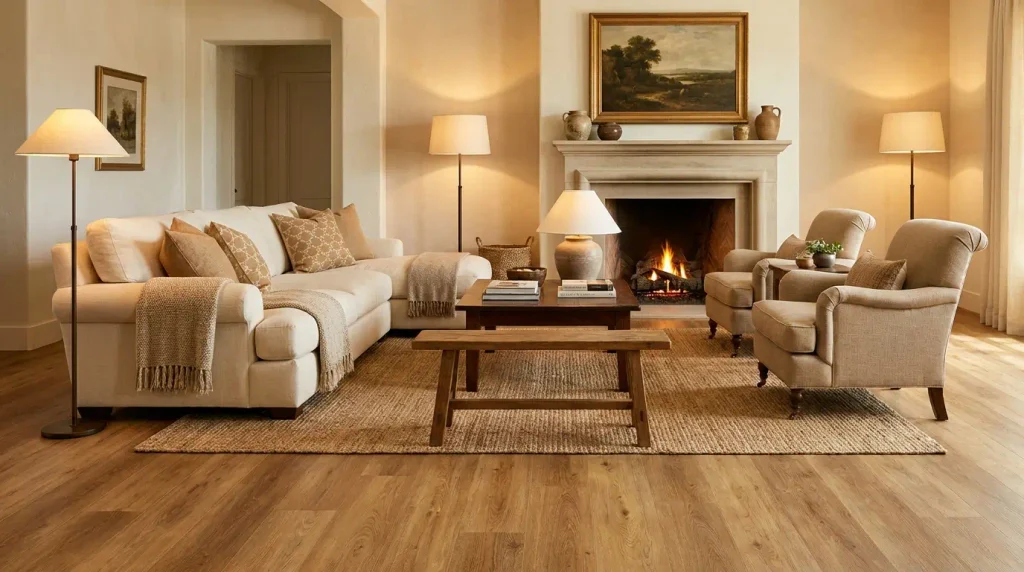 Medium honey oak vinyl plank flooring in a living room
