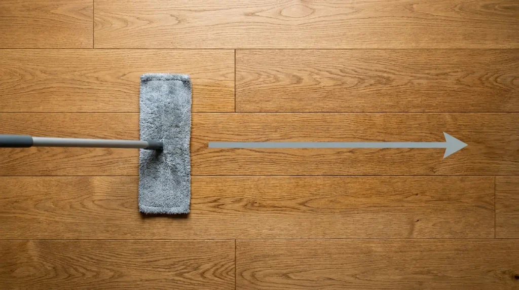 Top down view of microfiber mop moving along wood grain direction on engineered hardwood floor
