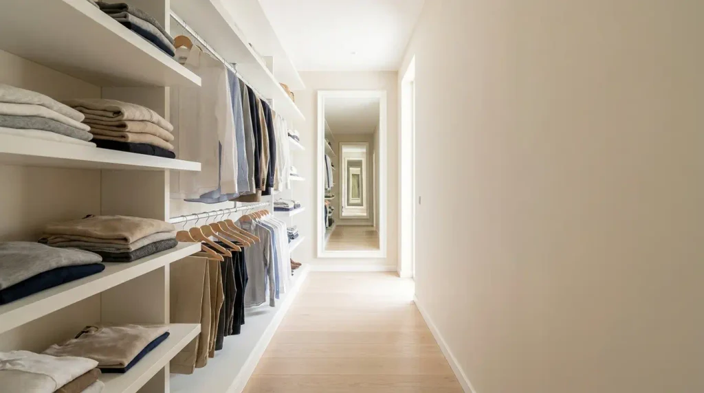 A narrow walk-in closet with storage on one wall and a clear open walkway
