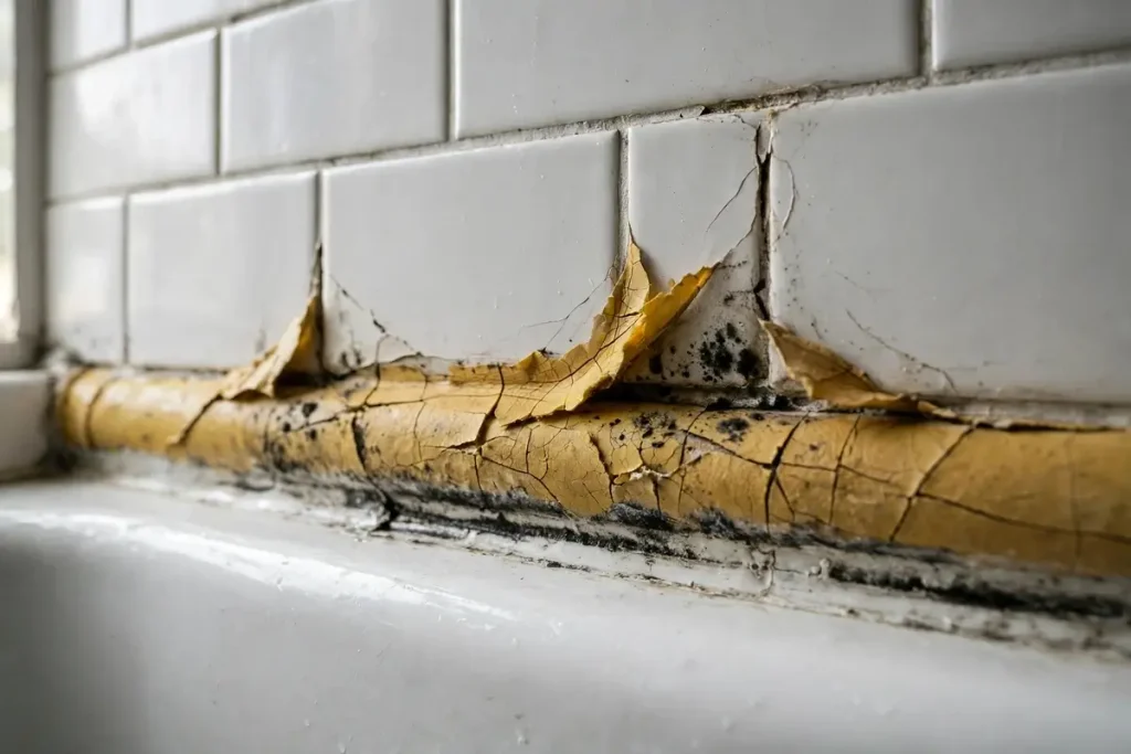 Old bathtub caulk that is cracked, peeling away from the tile, and stained with black mold spots
