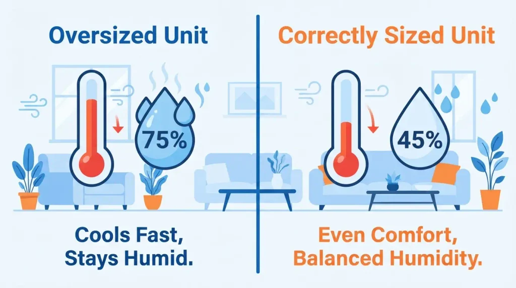 Comparison of oversized versus correctly sized air conditioner cooling cycle