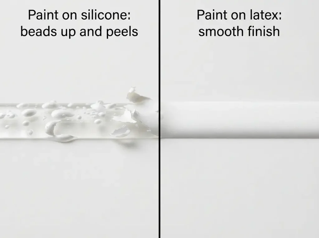 Close-up comparison of paint beading and peeling on a silicone caulk bead next to smooth paint on a latex caulk bead

