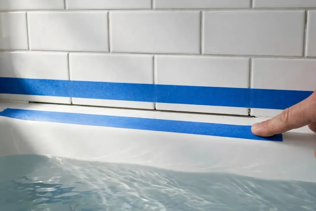 Blue painter's tape on the tile and tub edge of a water-filled bathtub, ready for new caulk
