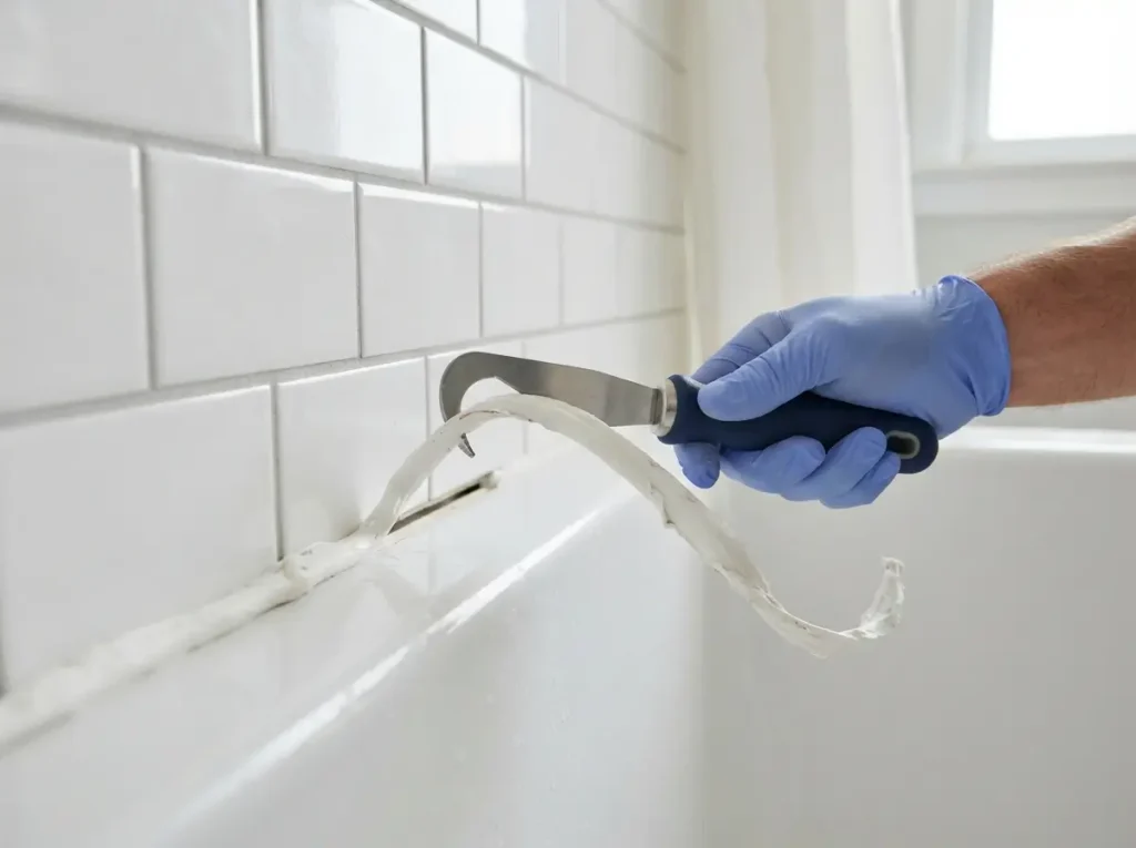 pulling a long strip of old silicone caulk out with a hook tool