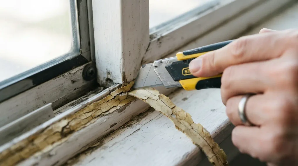 Scoring old caulk along a window frame with a utility knife before removal
