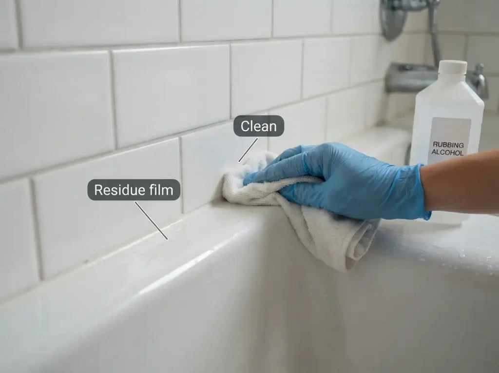 wiping old caulk residue from a tub joint with rubbing alcohol
