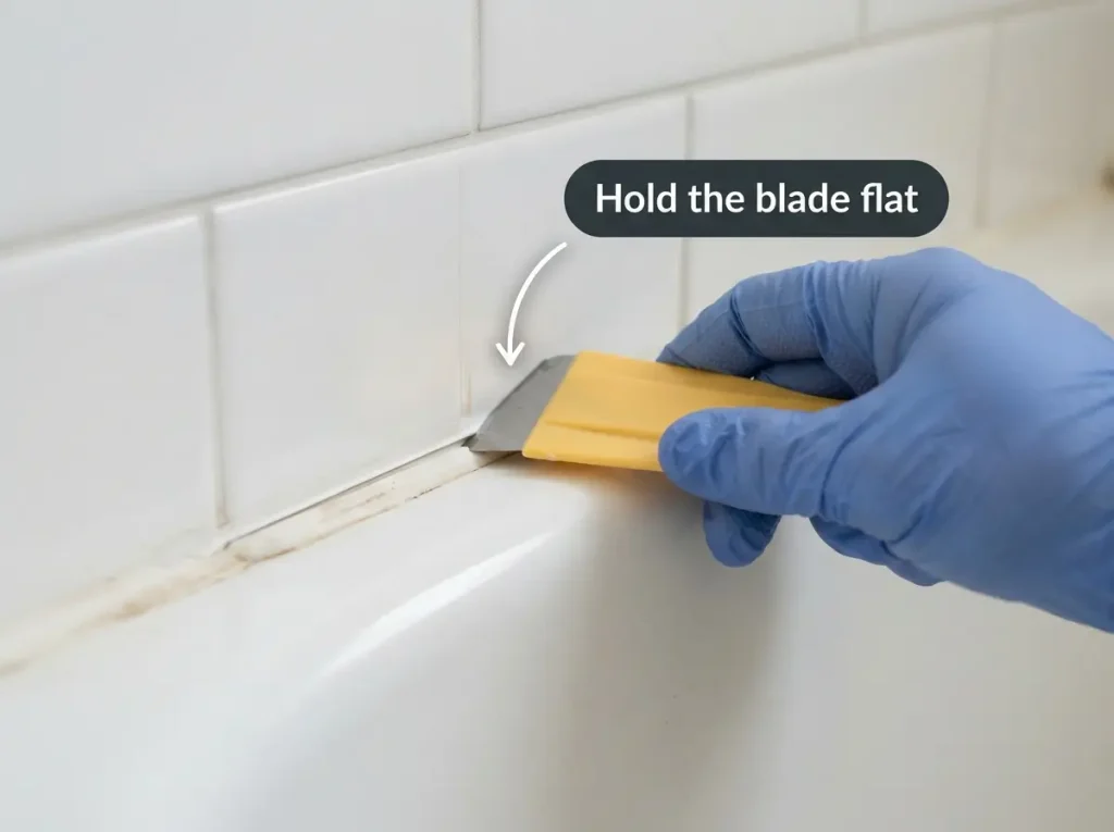 scoring the edge of old caulk with a plastic razor blade