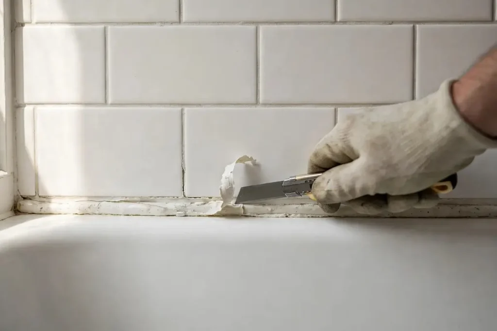 Utility knife held low, scoring the top edge of old caulk where it meets the bathroom tile