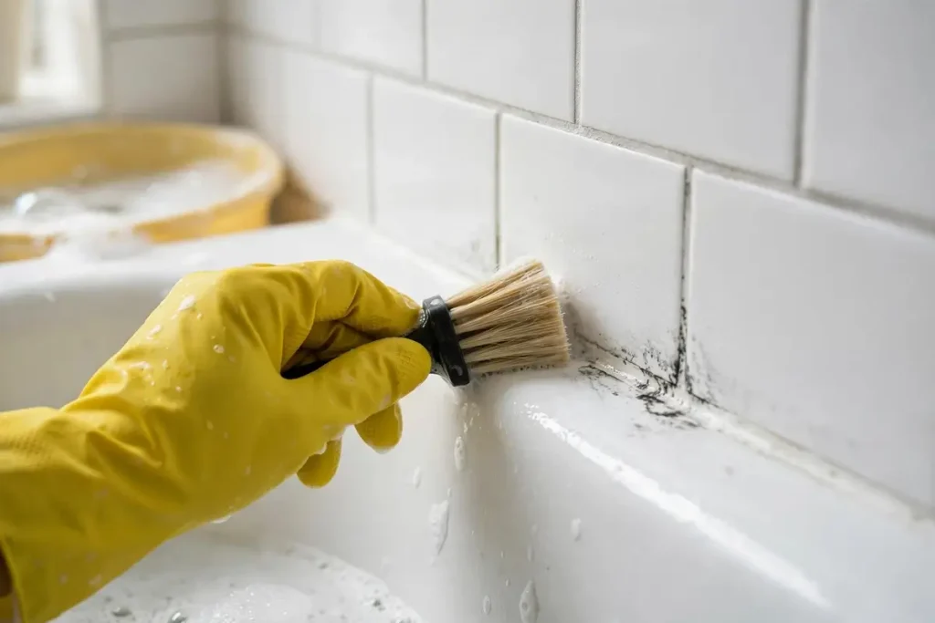 Scrubbing a bare bathtub caulk joint with a brush and soapy water to remove mold before recaulking
