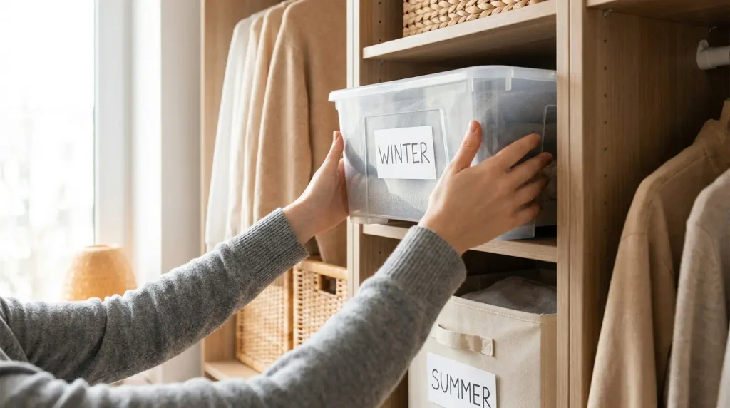 Labeled seasonal storage bins being rotated in a walk-in closet
