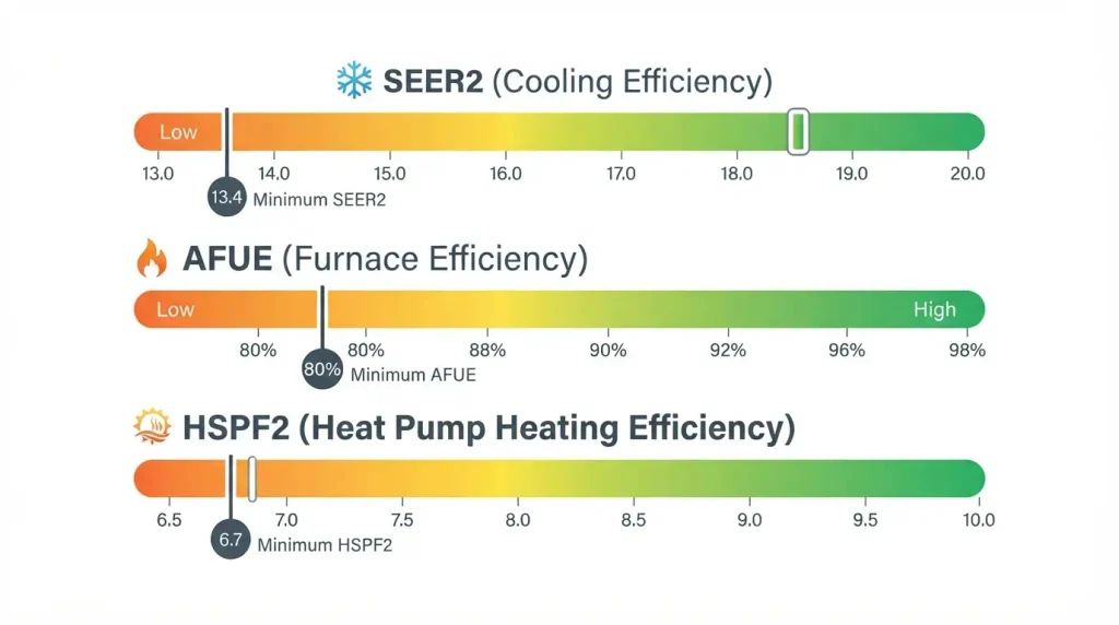 SEER2 AFUE and HSPF2 efficiency rating scale comparison for HVAC systems
