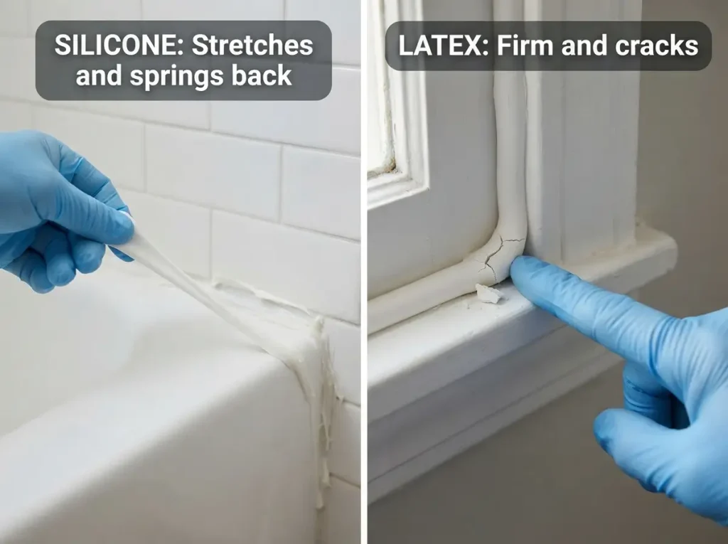 stretch test showing silicone caulk vs latex caulk
